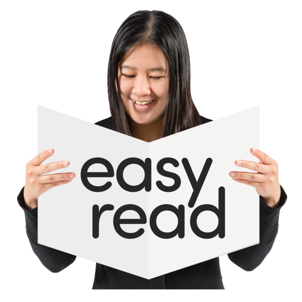 A woman reading an open white book with black text. The text says "Easy Read".