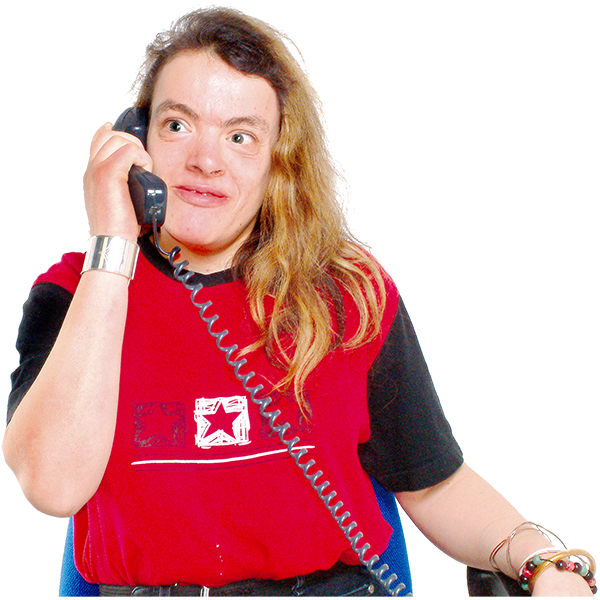 A woman wearing a red tee shirt and holding a phone to her ear.