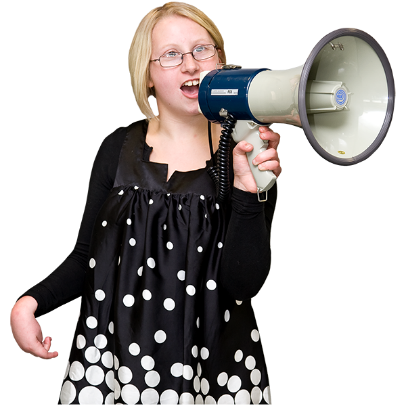 A woman speaking through a megaphone.