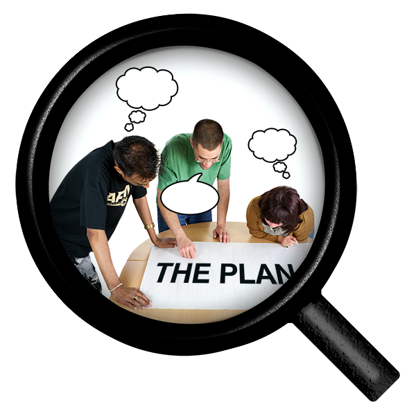 Magnifying glass of three people checking a plan