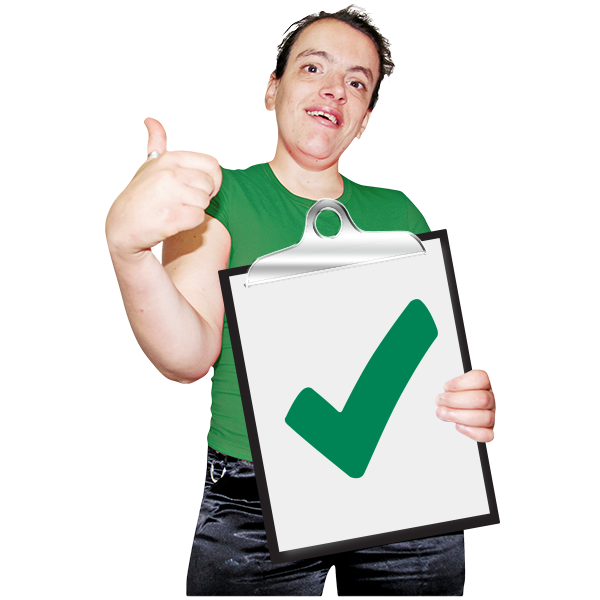 Woman with thumbs up holding a clipboard with a green tick