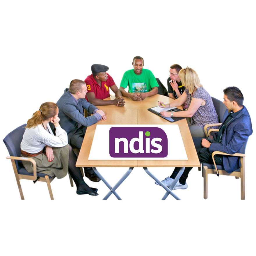A group of people sit around a table having a meeting. At the centre of the table is the NDIS logo.