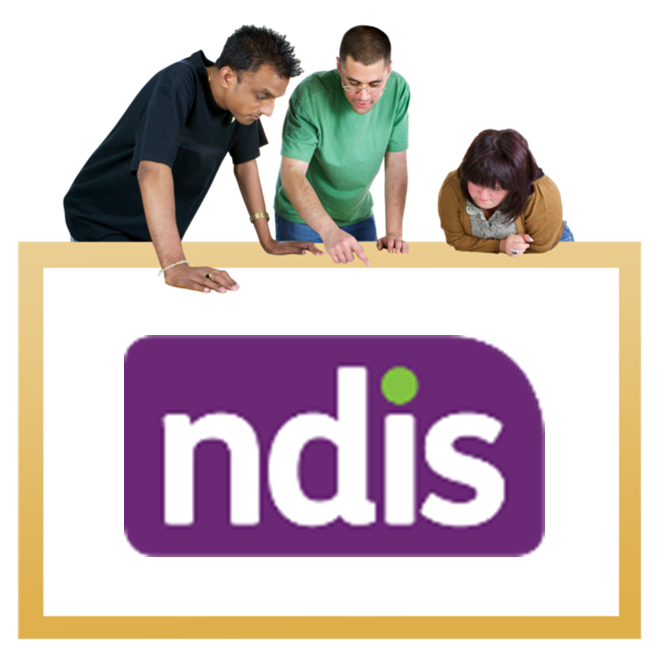 Three people are leaning on a table and looking at a logo of the NDIS