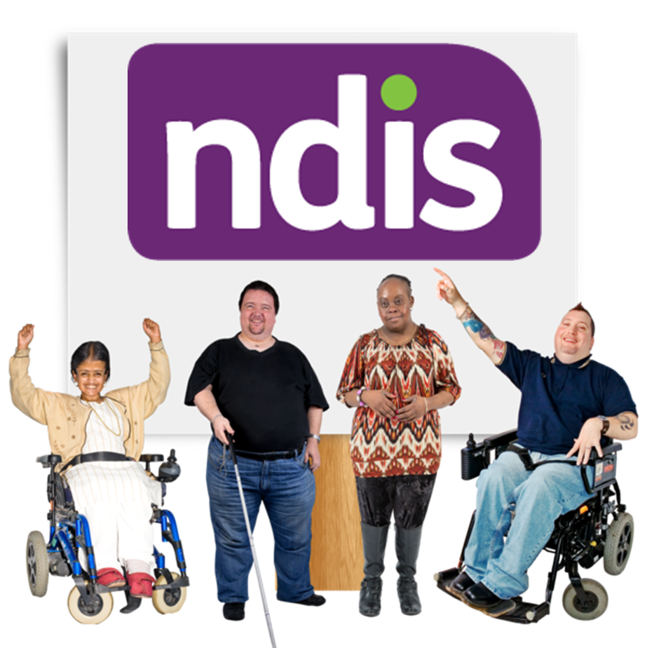 People with disability in front of a sign with an NDIS logo