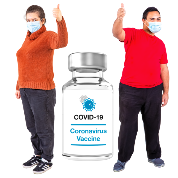 A COVID-19 vaccine bottle and two people with thumbs up