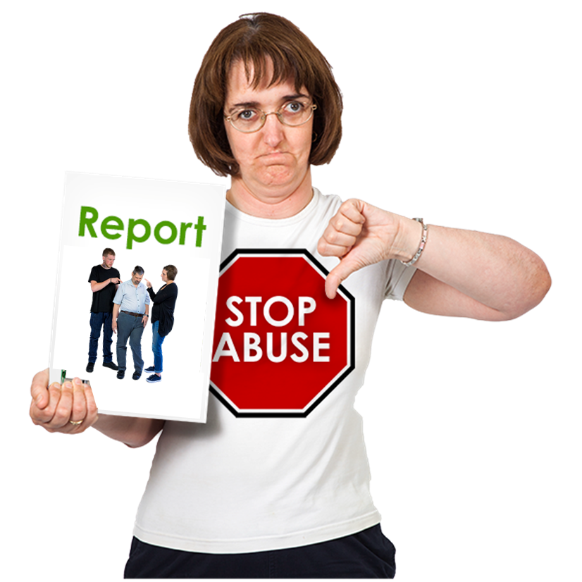 A woman holds a report about stopping abuse.