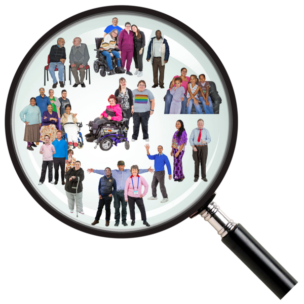 A magnifying glass looking at many different groups of people