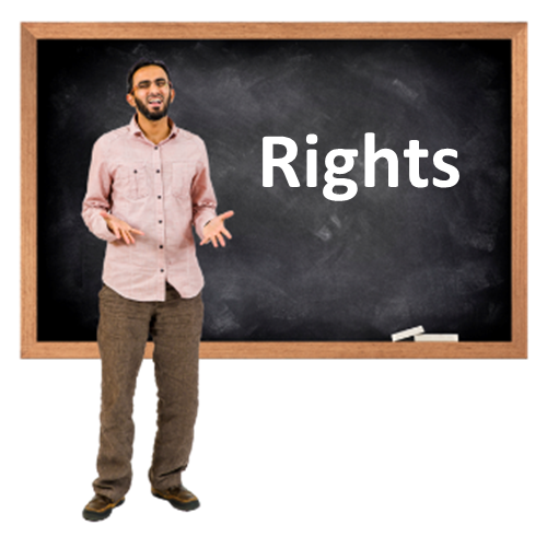 A teacher in front of a blackboard with the word "rights"