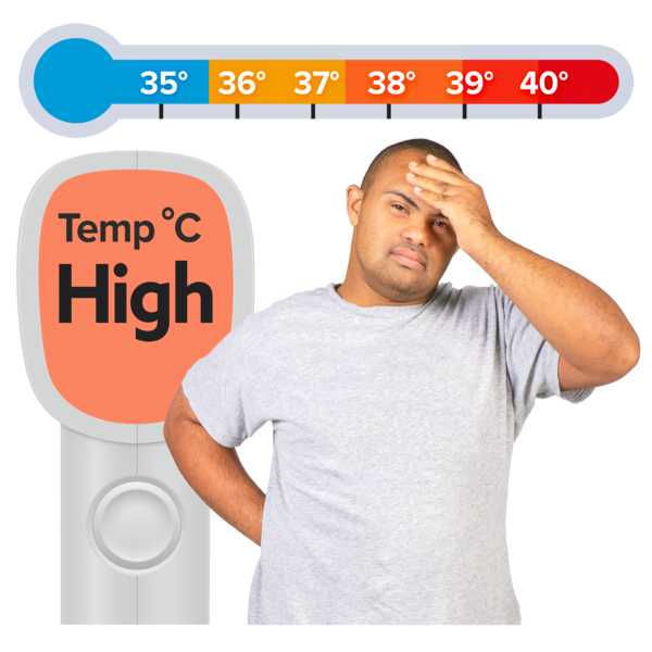 A man with a high temperature holding his forehead.