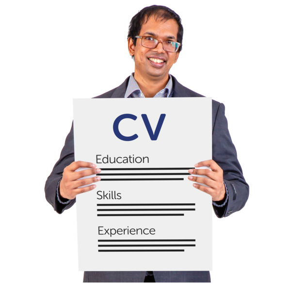 A man holding his CV letter showing his education, skills and experience.