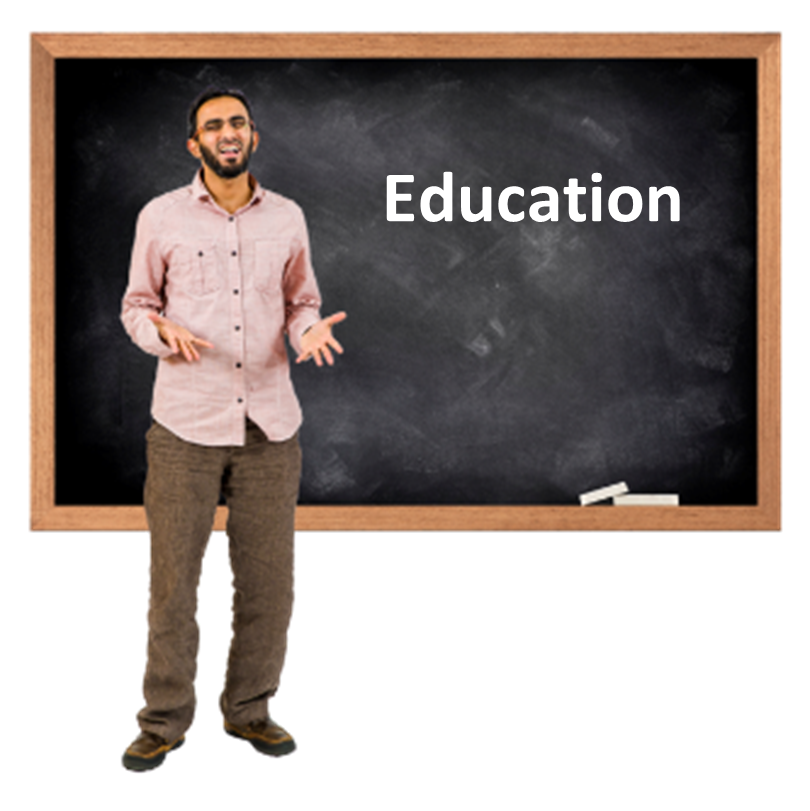 A man standing in front of a blackboard. The blackboard reads "education"