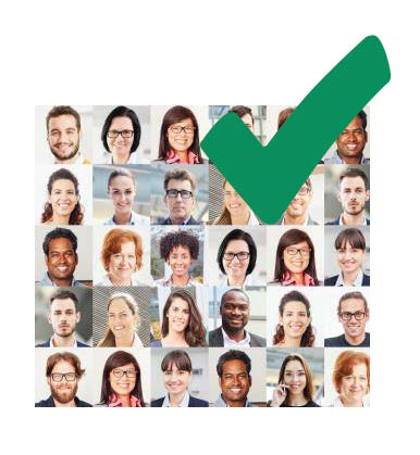 An image of many people's faces with a green tick.