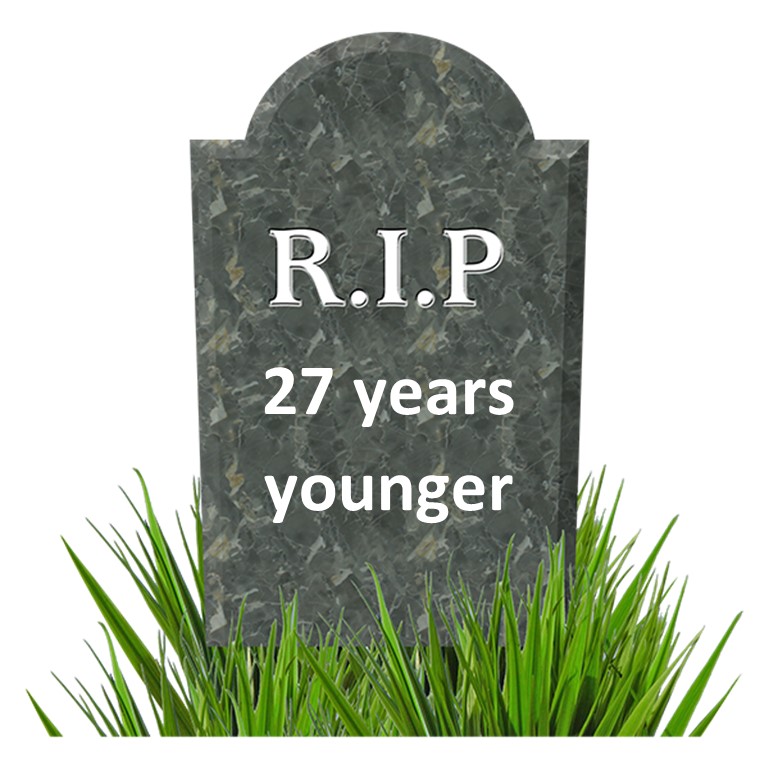 Gravestone reading RIP 27 years younger