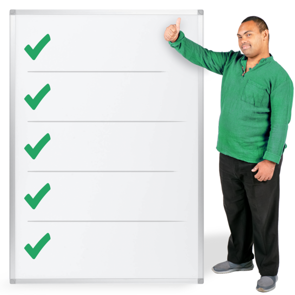 A checklist with green ticks and a man giving thumbs up