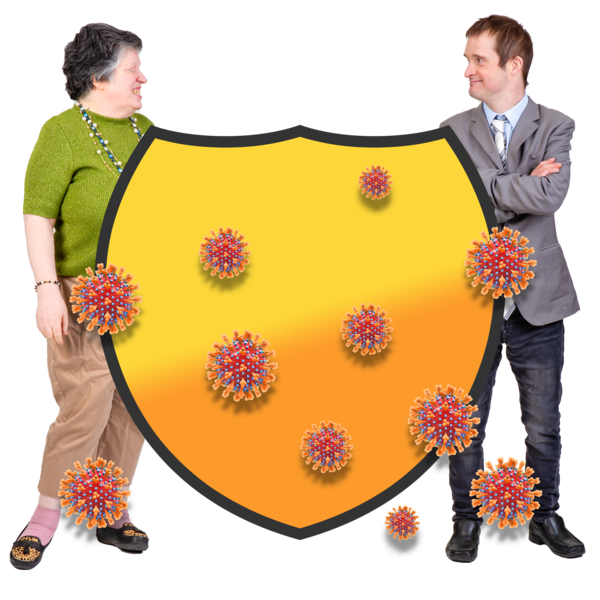 Two people standing behind a shield, protected from a virus.
