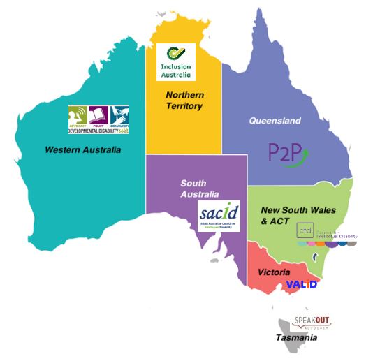 A map showing Inclusion Australia members for each state and territory